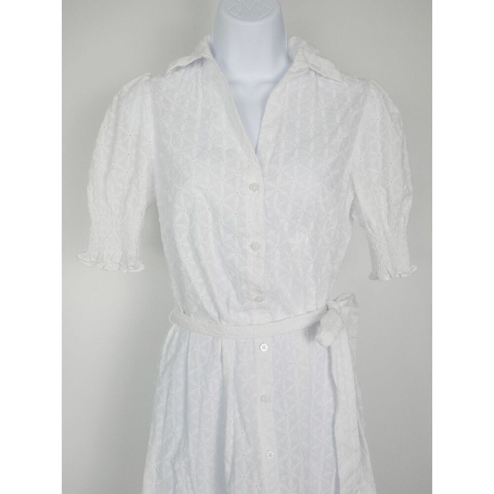 Tommy Hilfiger Women's White Puffed Sleeve Eyelet Midi Dress XS - Picture 3 of 14